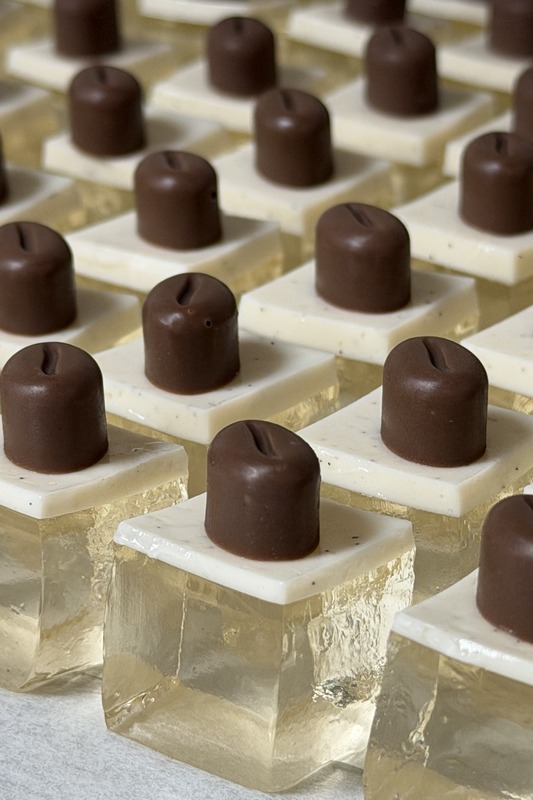 Coffee bean jello cubes in a tight grid